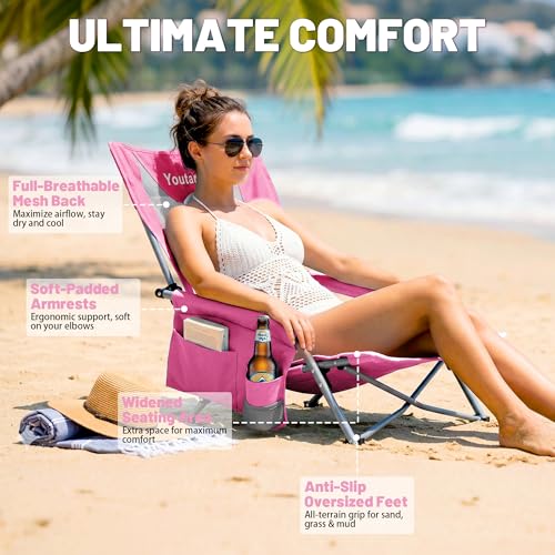 Youtanic Portable Beach Chair 2-Pack, 400 lbs Folding Camping Chair, Lightweight Low Profile Lawn Chair with Wide Seat, Cu...