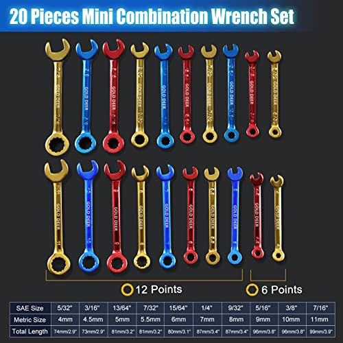 GOLD DEER 20 Pcs Color Plated Small Wrench Set Standard Metric and SAE 5/32"-7/16" & 4-11mm Extra Slim Spanners Mini Wrenc...