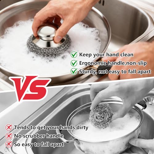 Steel Wool Scrubber, 4-Pack Stainless Steel Scrubber Pads with Handle - The Ultimate Scouring Solution for Rust, Stubborn ...