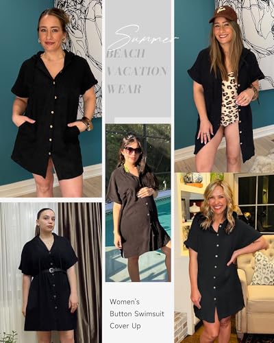 Bsubseach Womens Swimsuit Cover Up Shirt Button Down Short Sleeve Bathingsuit Coverups Hooded Beach Coverup With Pockets