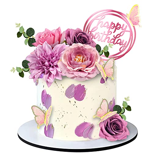20 PCS Flower Cake Toppers Butterfly Cake Decorations Happy Birthday Cake Toppers with Pink Purple Flowers Eucalyptus Butt...