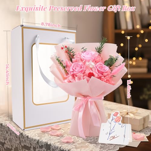 Gnifot Preserved Flowers Bouquet, Flowers for Delivery,Handmade Pink Rose Bouquets Lasting 3-5 Years, Luxury Gift Box,Birt...