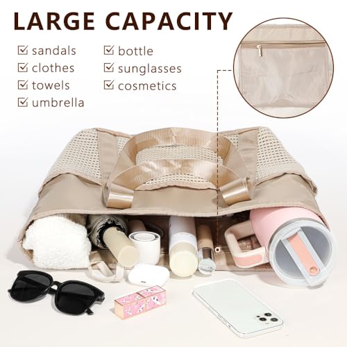 Waterproof Sandproof Beach Bag with Zipper and 6 Pockets - Foldable Lightweight Tote for Pool, Travel