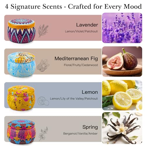 Scented Candle Gift Set - 4 Pack Long-Lasting Scented Soy Wax Candles with Fig, Lemon, Spring & Lavender, Aromatherapy Can...