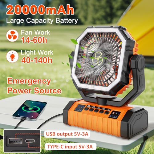 Camping Fan Rechargeable, 20000mAh Large Battery Powered Fans, 4 Speed Rechargeable Fan Portable with Remote, Cordless Bat...