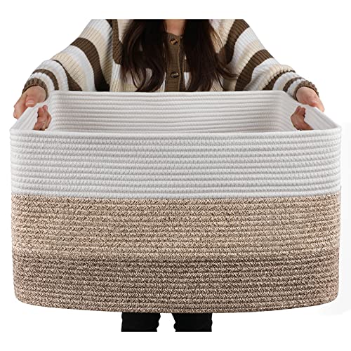 OIAHOMY Large Blanket Basket, 22”x17”x12” Rectangle Woven Baskets, Nursery Blanket Storage Living Room, Toy Storage With H...