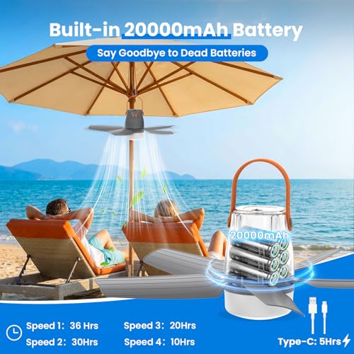 Portable Ceiling Fan with Light & Remote,20" 20400mAh Battery Operated Outdoor Ceiling Gazebo Fan for Patios/Canopy/Cruis...
