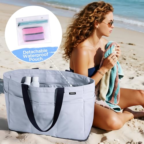 GAGAKU XL Beach Bag with Zipper & Cooler Compartment, Sand-Proof Foldable Large Tote Bag for Cruise, Travel, Family, Women