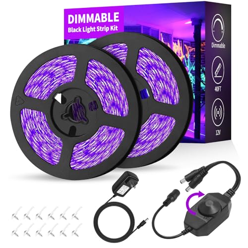 Dimmable Black Light Strip Kit 40ft/12M 720 LEDs, 12V Flexible Blacklight Fixtures, 385nm-400nm, Black Light LED Strips fo...
