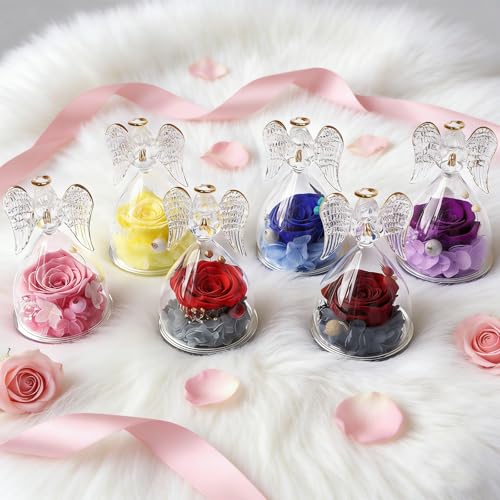 Yamonic Mom Birthday Gifts for Women, Preserved Roses Forever Flower in Glass Angel Figurines Gifts for Moms Grandma, Real...