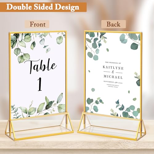 Floroom 6 Pack 5x7 Inch Clear Acrylic Sign Holders, Double-Sided Gold Display Stand Picture Frames for Table Numbers, Menu...