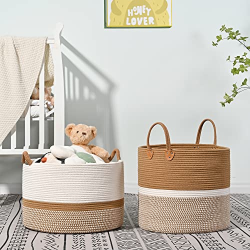 KAKAMAY Large Blanket Basket (20"x13"),Woven Baskets for storage Baby Laundry Hamper, Cotton Rope Blanket Basket for Livin...
