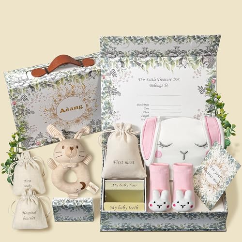 Aeang Baby Shower Gifts for Mom, Newborn Baby Gift Set for Baby Girl Baby Boy - Keepsake Box with Baby Hat, Rattle Socks, ...