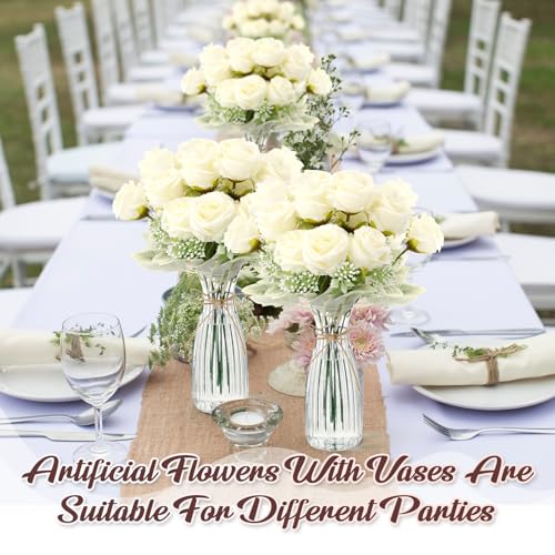 Zeyune 36 Pack Artificial Flowers Centerpiece with Vase Bulk for Wedding Table 24 Bundles Silk Floral Faux Rose Bouquet wi...