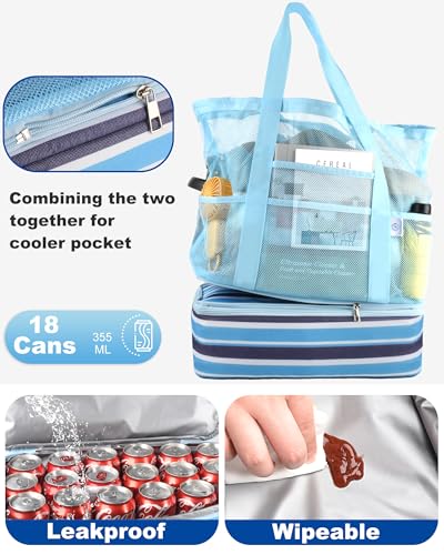 Genteen Beach Bag for Women, Mesh Tote Bags with Zipper, Sandproof Vacation Essentials with Cooler for Swim Cruise Pool