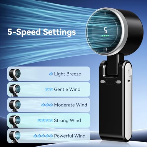 Azdedut Portable Fan, Mini Fan, Handheld Turbo Fan, Portable Rechargeable Fan, 5-Speed, LED Display, Foldable Design (White)