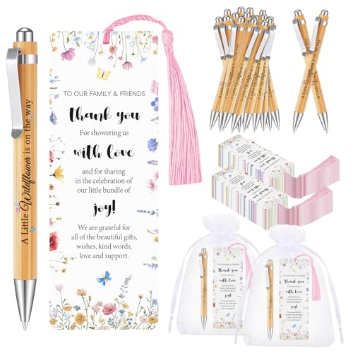 50 Sets Wildflower Baby Shower Favors for Guests, Little Wildflower Ballpoint Pens Thank You Bookmarks Organza Bags for Ba...