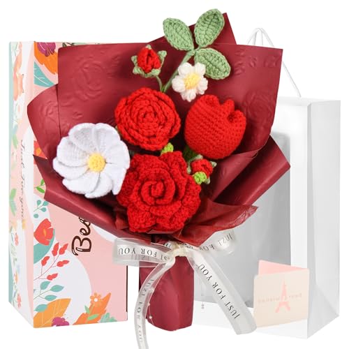 MengxFly Crochet Flower Bouquet Red Handmade Crochet Flowers, Romantic Gift for Her, Knitted Floral Bouquet with Gift Box ...