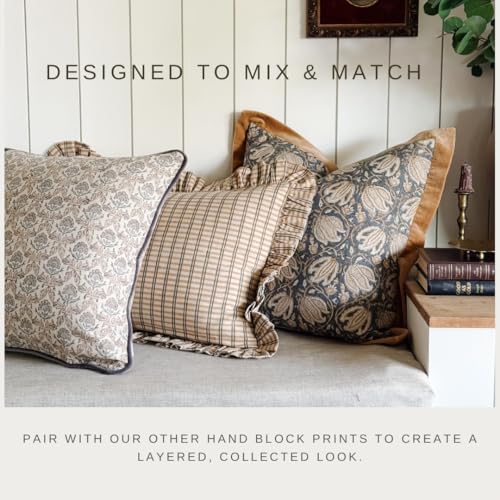 Palm & Loom 100% Cotton Linen Cushion Cover - Mitti Decorative Throw Pillow Case with Brown Check with Self Ruffle Trim - ...