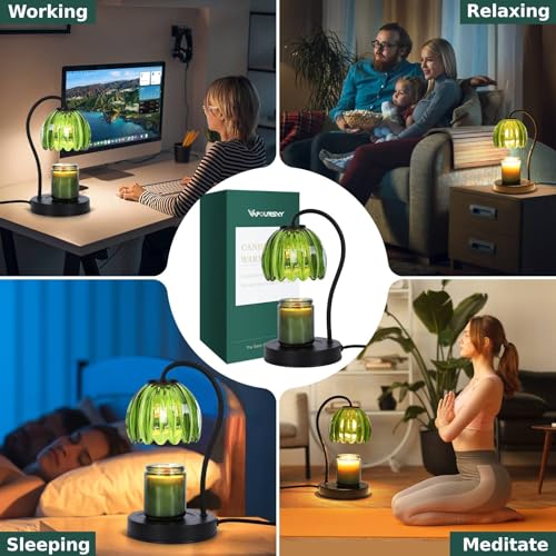 Dimmable Flower Candle Warmer Lamp with Timer, Aromatherapy Candle Lamp for Scented Candles, Modern Green Glass Candle Lam...