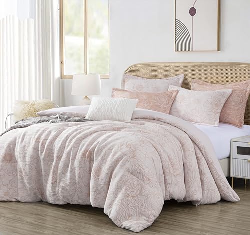 Chezmoi Collection Katrina 6-Piece Floral Comforter Set King Size, White/Coral, Soft Jacquard Textured Lightweight Bedding...
