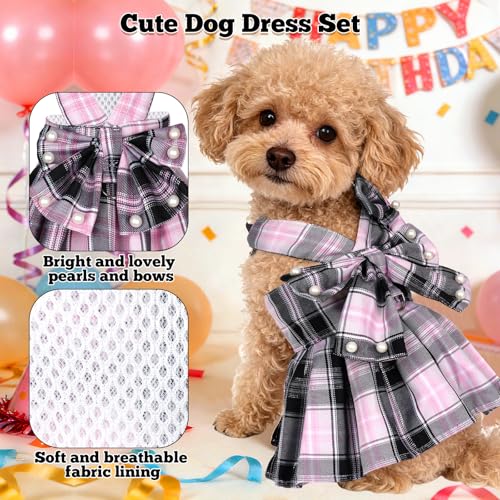 YKYUASD Dog Plaid Dress Harness and Leash Set with Pearls Bow Adjustable Puppy Dress Mesh Vest Bow Knot Pet Clothes for Cu...