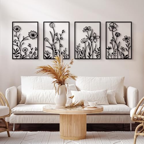 Sokurdeg Black Metal Flowers Wall Decor, Minimalist Floral Wall Hanging Art, Black Abstract Line Wall Art Sculptures for B...