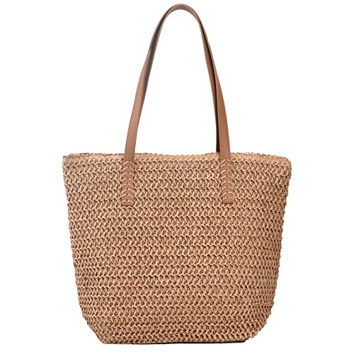 Kehpish Large Straw Shoulder Bag Summer Beach Bag for Women Straw Tote Bag Handbag With Zipper Summer Shoulder Bag