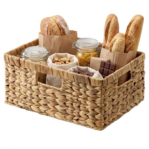 StorageWorks Large Rectangular Wicker Basket, Water Hyacinth Storage Basket with Built-in Handles, 1 Pack