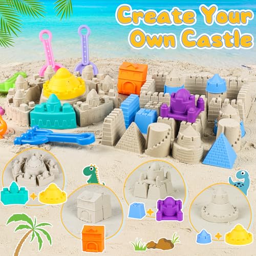 HUUIDY Beach Toys for Kids, Sand Toys with 4 Sand Buckets and Shovels for Kids, Sand Castle Building Kit with Mesh Bag & M...