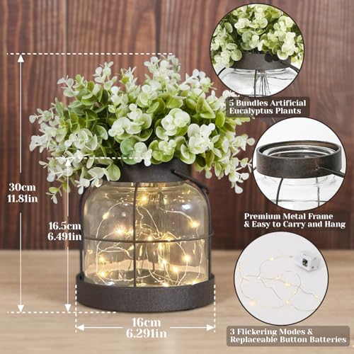 Dnnnii Vintage Glass Farmhouse Vase - Handmade Rustic Lantern Planter with Bonus Artificial Flowers & LED Lights (Home Dec...