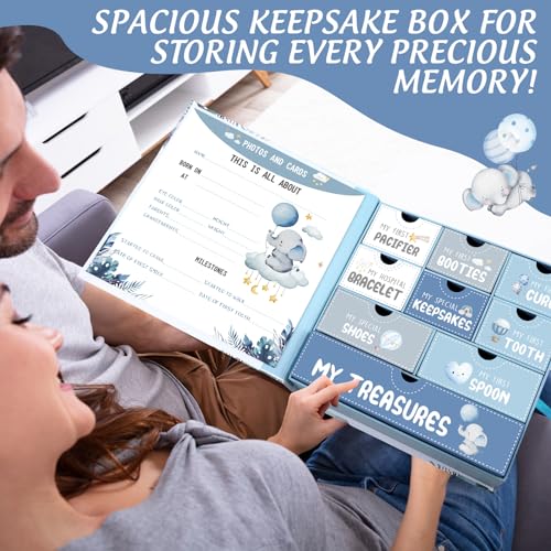 Beeveer Baby Keepsake Box Newborn Memory Organizer with 9 Labeled Compartments First Keepsake Book Gift Box for Pregnancy ...