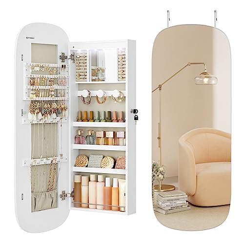 SONGMICS Jewelry Organizer, LED Jewelry Cabinet Wall/Door Mounted, Lockable Rounded Wide Mirror with Storage, Interior Mir...