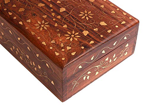 Ajuny Hand Carved Wooden Decorative Jewelry Storage Box with Floral Carvings Design Brass Inlay Keepsake Travel Treasure C...