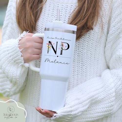 Personalized Nurse Practitioner NP Tumbler with Floral Letters & Custom Name – Stainless Steel Travel Mug – Graduation Gif...