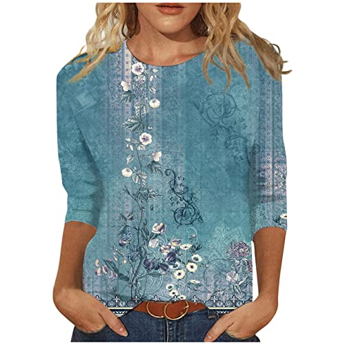 BTCOW Womens Summer Fashion Tops 3/4 Sleeve Round Neck Shirts Casual Print Trendy Three Quarter Length T Shirt
