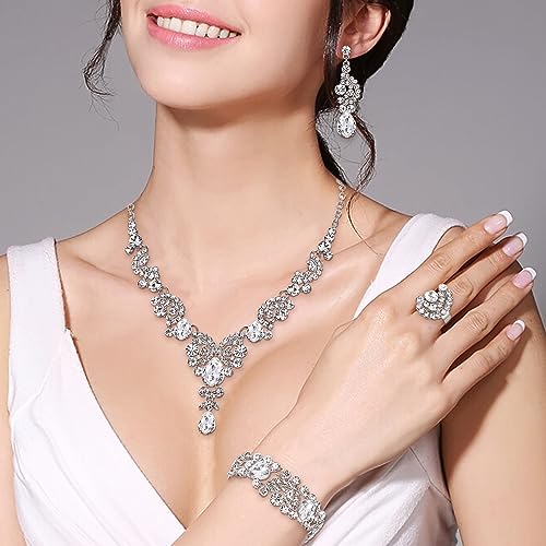 EVER FAITH Rhinestone Crystal Bridal Floral Wave Teardrop Necklace Earrings Set