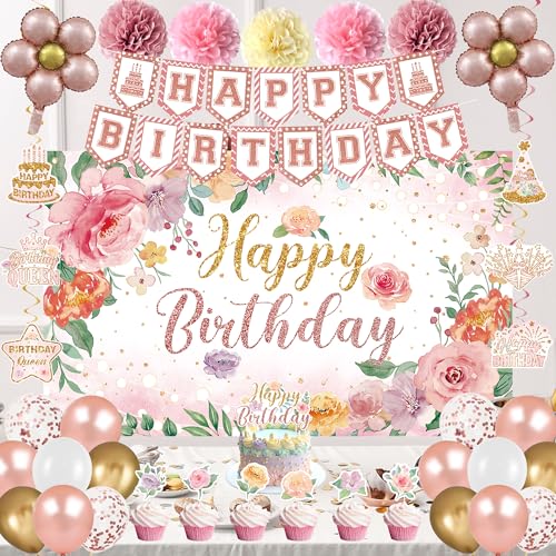 Holkcog Flower Birthfday Party Decorations for Girl, Pink Florals Ballons Banner Background, Cake Tppper, Garden Tea Party...