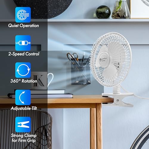 Comfort Zone Portable Clip on Fan with Fully Adjustable Tilt, Electric, 6 inch, Quiet, Indoor, 2 Speed, Mini Desk Fan, Tab...