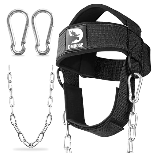 DMoose Fitness Neck Harness for Weight Lifting - Soft Padded Head & Chin Strap with 30" Heavy Duty Steel Chain - Neck Exer...