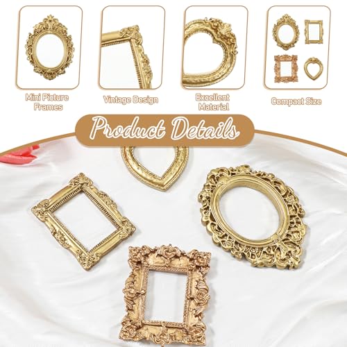 HJZHII 8 Pcs Vintage Resin Picture Frames, Gold Antique Photo Frame Mini Picture Frames Small Antique Ornament TableTop Sm...