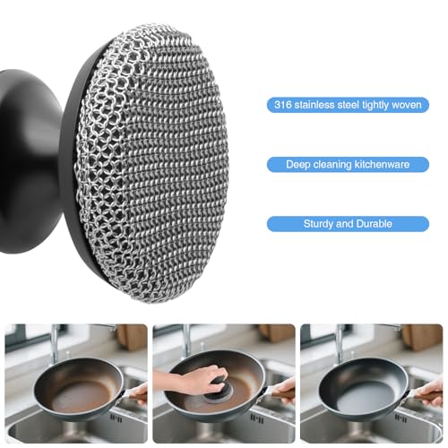 Cast Iron Scrubber Cleaner, Chainmail Scrubber for Cast Iron Pan Skillet, Dish Scouring Pad, 316 Stainless Steel Brush/Scr...