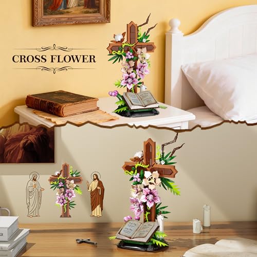 Cross Flower Building Set, Religious Cross Collectibles Compatible with Lego Jesus Catholic Building Toys, Easter, Christi...