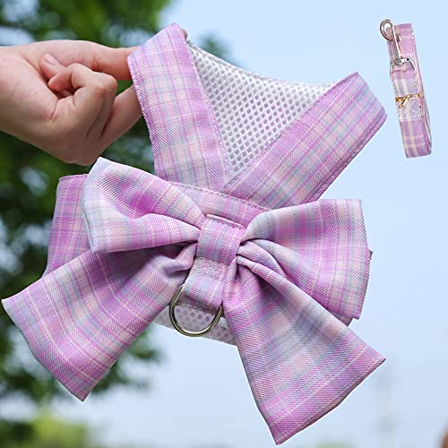 Dog Harness and Leash Set, Cute Bow Tie Plaid Harnesses for Puppy Cat, Adjustable Pet Kitties Vest, Breathable Harness Tra...