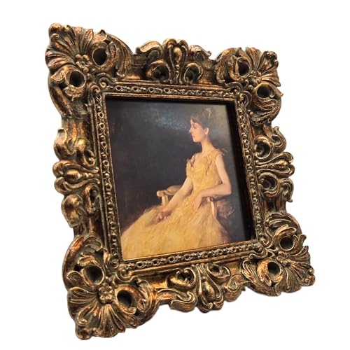CISOO 4x4 Vintage Small Picture Frame, Antique Ornate Bronze Gold Square Photo Frame, for Table Top and Wall Display, Deco...