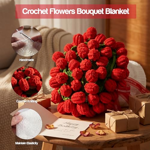 Mom Gifts for Mothers Day, Handmade Knitted Crochet Flower Bouquet Blanket, Birthday Gifts for Women, Anniversary, Weddin...