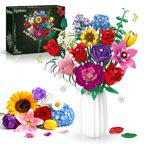 kiothdre Flower Bouquet Set for Adults, Botanical Collection Building Block Toy with Roses Sunflower for Teen Girls, Artif...