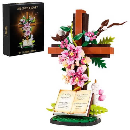 Jesus Cross Flower Building Set, Religious Cross Collectibles Compatible with Lego Jesus Catholic Building Toys, Easter, C...