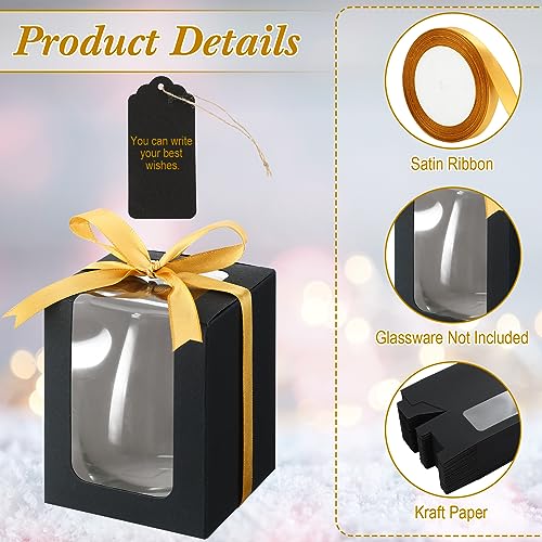 Fulmoon 50 Pack Gift Boxes for Wine Glass Transparent Gift 9 oz Stemless Glass Paper Packaging Box with Ribbon Tag Hemp Ro...