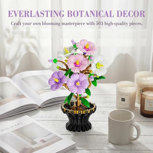 YINGYIWH Hibiscus Flower Building Set for Adults, 520 Pcs Artificial Flower Bouquet Kit, Creative Home Decor Building Bloc...